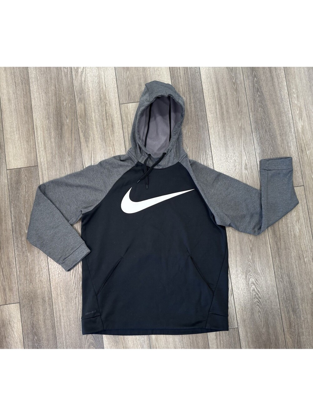 Nike Dri-Fit Men’s Black Hoodie Gray Sleeves White Swoosh Size Large